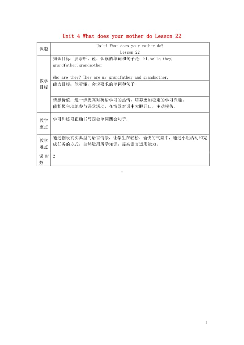 人教精通版（三年级起点）五年级上册英语Unit4WhatdoesyourmotherdoLesson22教案.doc_第1页