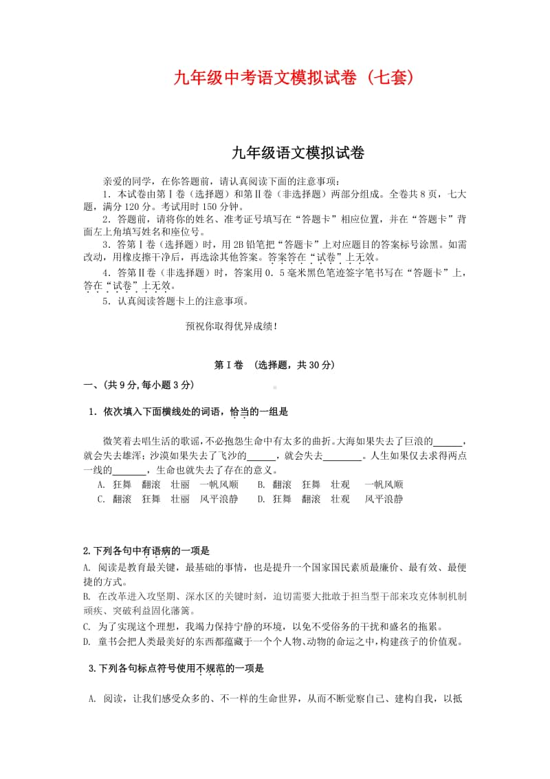 初中语文九年级模拟试卷.docx_第1页