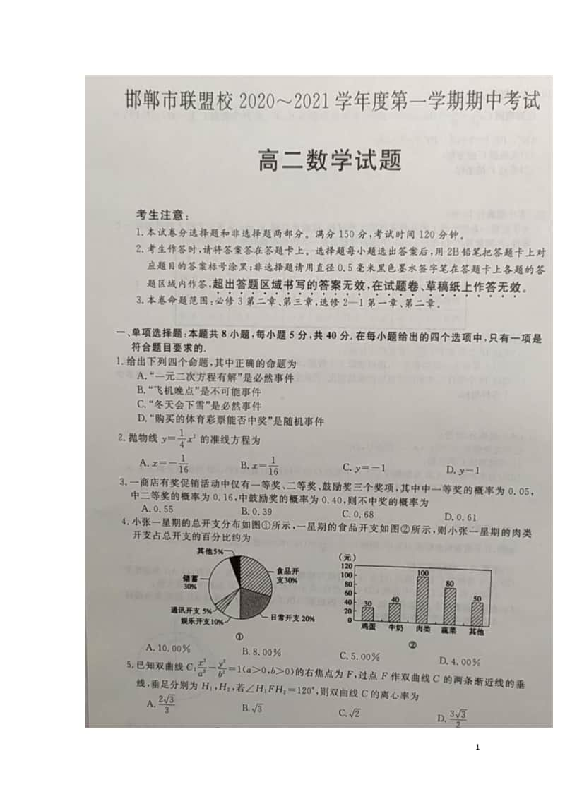 2020-2021学年河北省邯郸市联盟校高二上学期期中考试数学试题 PDF版.pdf_第1页