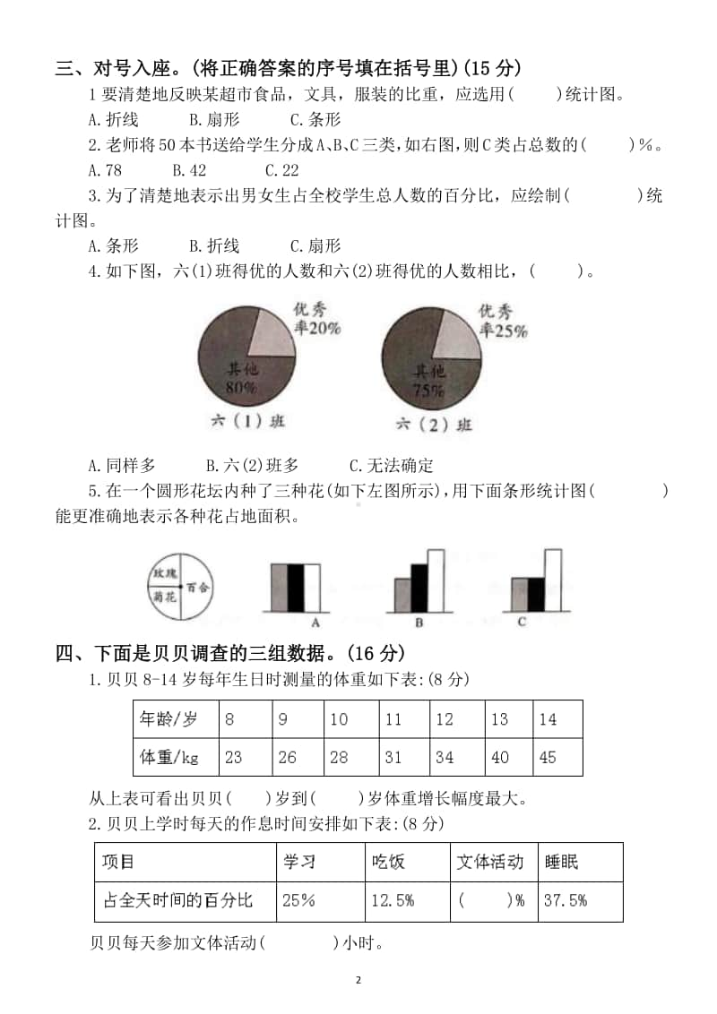 小学数学人教版六年级上册第七单元《扇形统计图》测试卷.docx_第2页