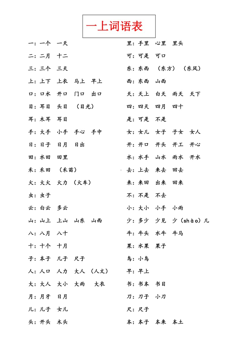 一年级语文上册 词语表.doc_第1页