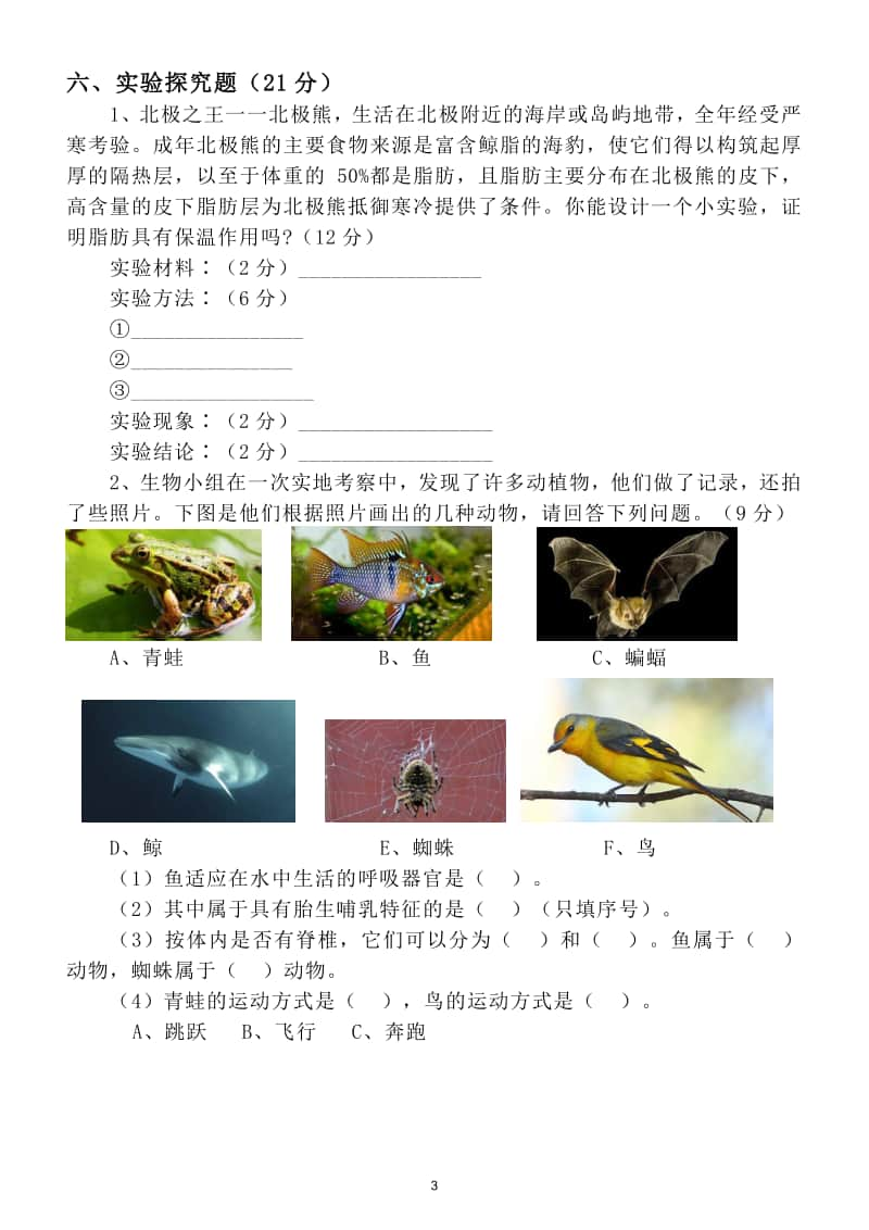 小学科学苏教版四年级上册第一单元《动物大家族》检测试卷.doc_第3页