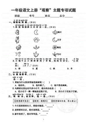 小学语文部编版一年级上册《观察》主题专项训练试卷.doc