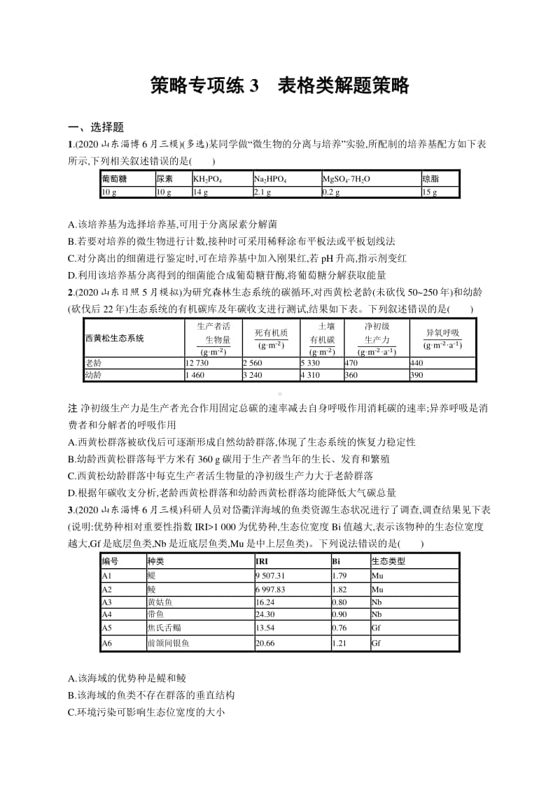 2021年新高考生物二轮复习：策略专项练3　表格类解题策略.docx_第1页