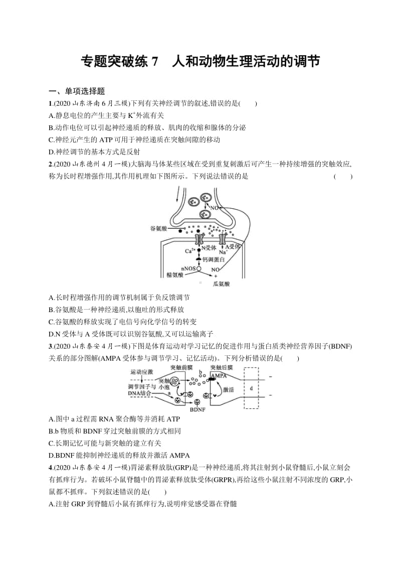 2021年新高考生物二轮复习：专题突破练7　人和动物生理活动的调节.docx_第1页