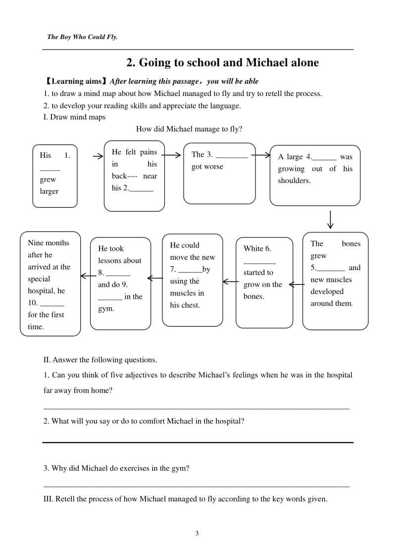 2020新人教版高中英语课外阅读The boy who could fly全书学案及答案.doc_第3页