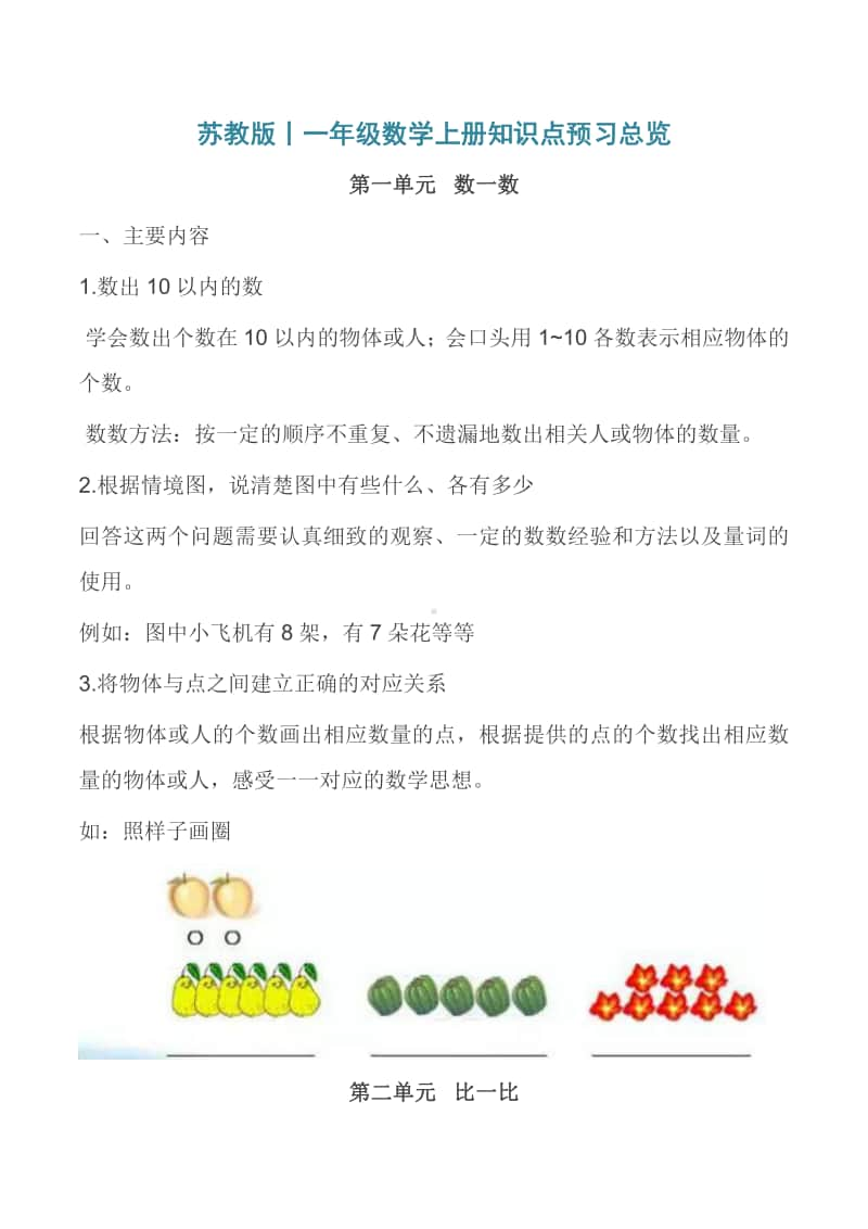 苏教版丨一年级数学上册知识点预习总览.pdf_第1页