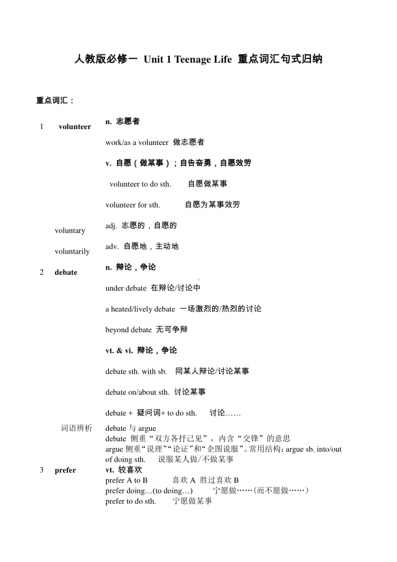 2020新人教版高中必修第一册 Unit 1 Teenage Life重点词汇句式归纳.docx_第1页