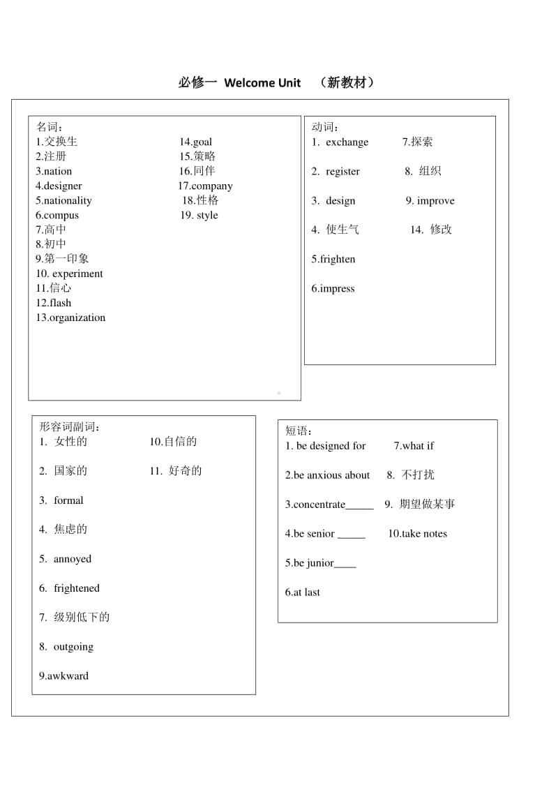 2020新人教版必修必修第一册 welcome unit+unit one 单词默写.doc_第1页