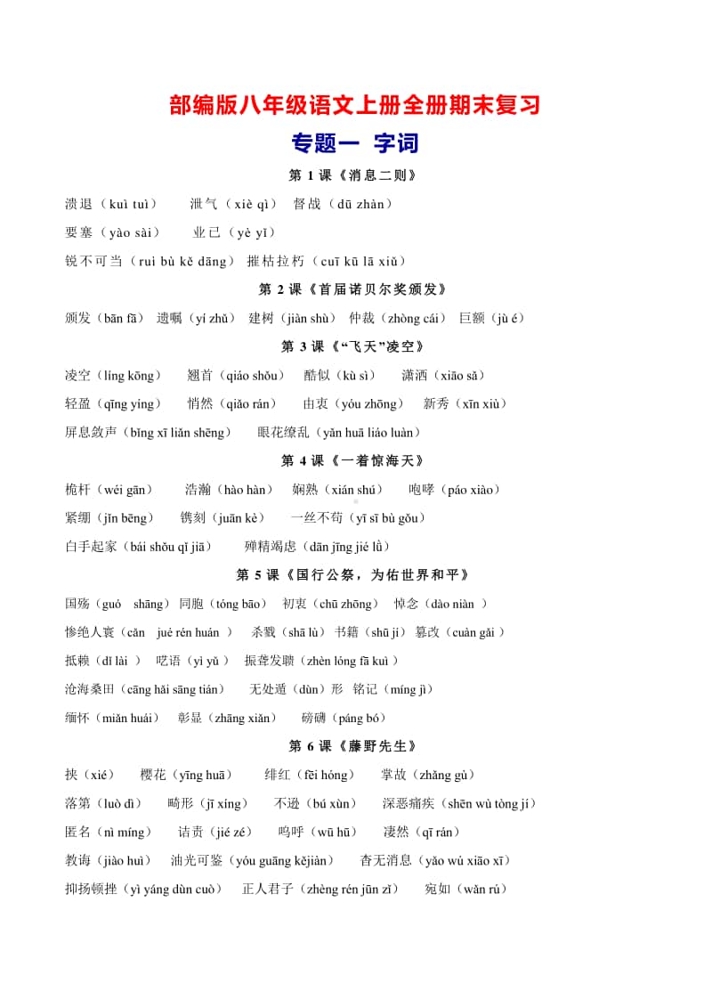 部编版八年级语文上册全册知识点期末专题复习：字词、文学常识、文言文、古诗.docx_第1页