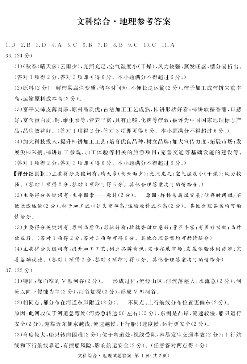 四川省资阳、眉山、遂宁、广安、自贡、广元等六市高2018级第一次诊断性考试地理答案(简).pdf_第1页