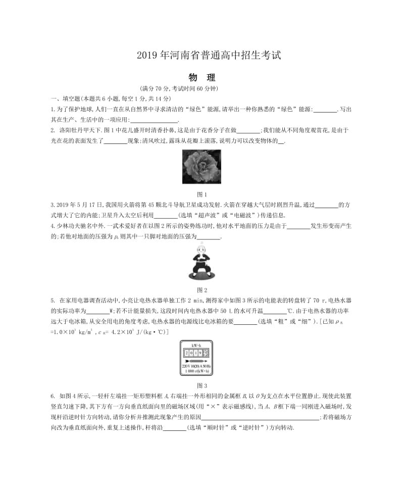 2019年河南省普通高中招生考试（试题+答案）.docx_第1页