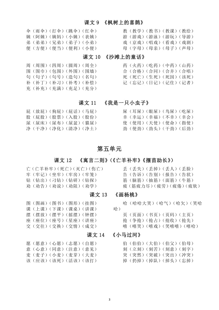 小学语文部编版二年级下册全册每课生字组词（直接打印每生一张熟记）.docx_第3页