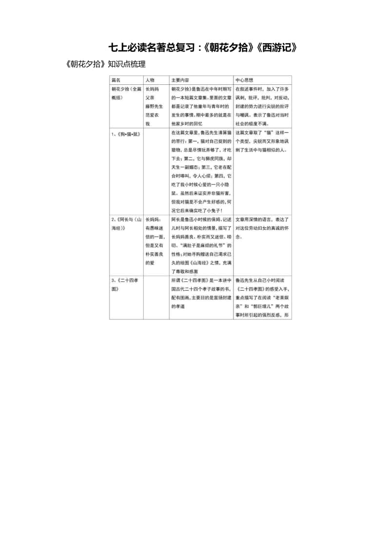 七上必读名著总复习：《朝花夕拾》《西游记》（含知识梳理与专练及答案）.docx_第1页