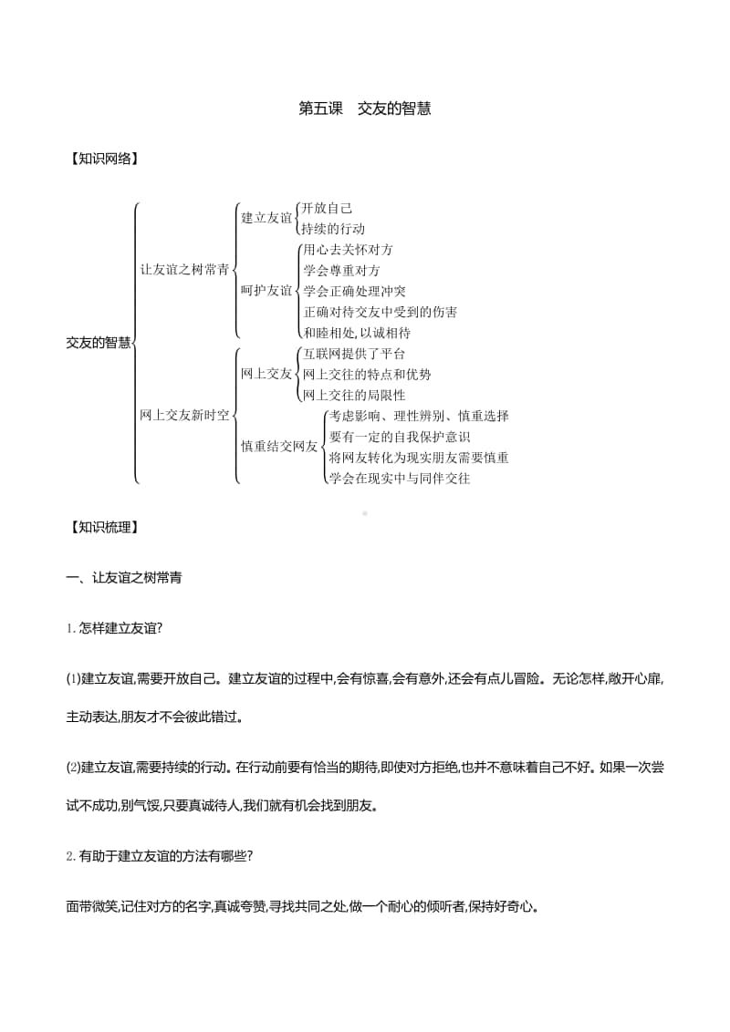 第五课交友的智慧 知识梳理+误区警示-2020秋部编版道德与法治七年级上册.docx_第1页