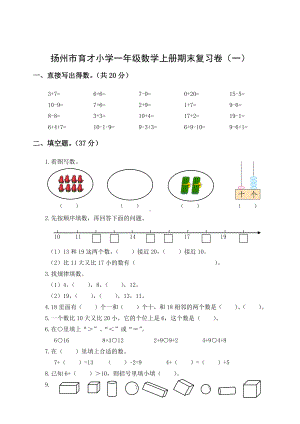 扬州市育才小学一年级数学上册期末复习卷及答案（一）.docx