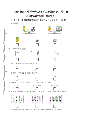 扬州市育才小学一年级数学上册期末复习卷及答案（三）.docx