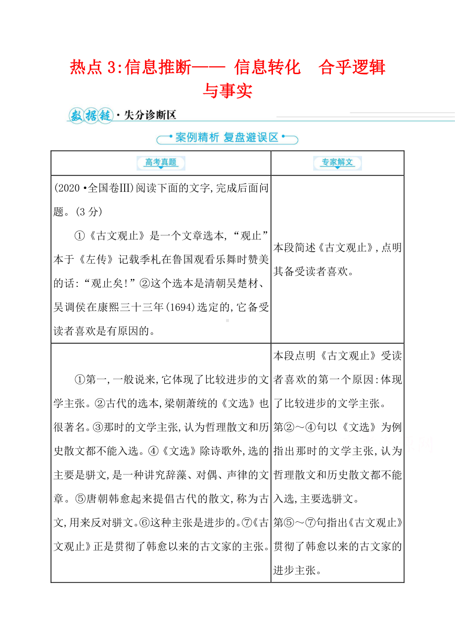 2021届高考语文二轮考前复习学案：第一编 热点3 信息推断- 信息转化　合乎逻辑与事实（含解析）.doc_第1页