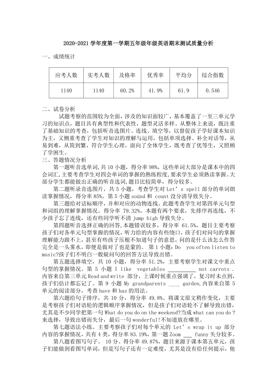 五年级第一学期英语期末测试质量分析.docx_第1页