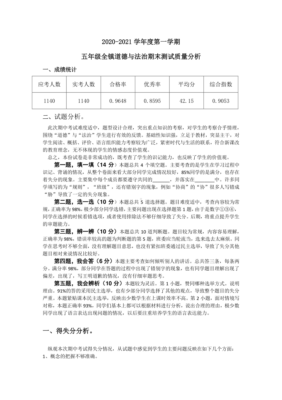 五年级上学期道德与法治期末考试质量分析.docx_第1页