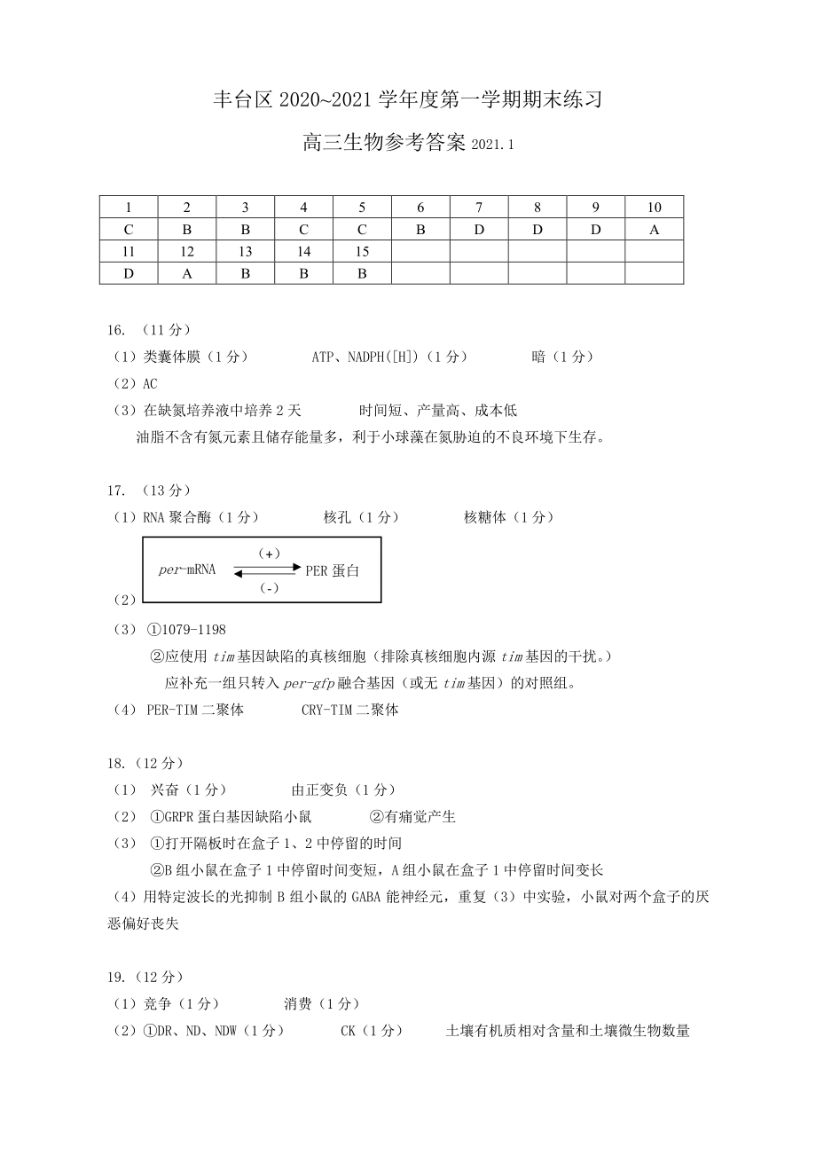 北京丰台区2020-2021年高三生物上学期期末试卷（Word版含答案）.zip