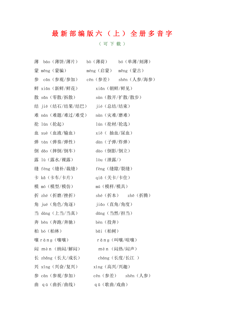 部编版小学语文六年级（上册）全册多音字（可下载）.doc_第1页