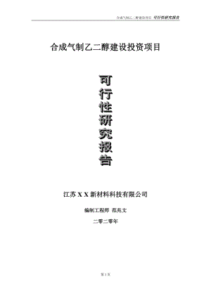 合成气制乙二醇建设投资项目可行性研究报告-实施方案-立项备案-申请.doc