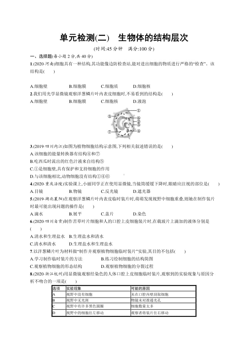 2021年安徽学业水平考试生物 专题检测(二)　生物体的结构层次.docx_第1页