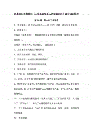 人教部编版九年级上册历史 第七单元《工业革命和工人运动的兴起》必背知识梳理.doc