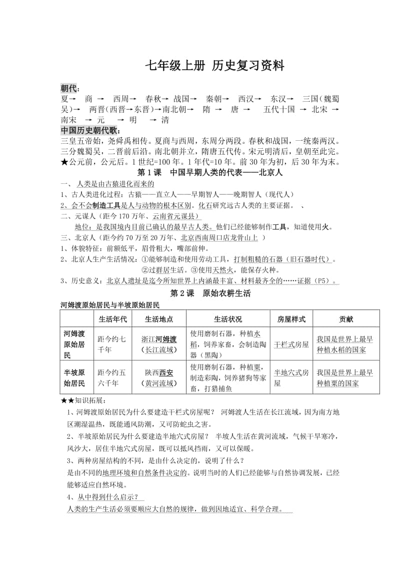 初一上学期人教版七年级上册（统编）中国历史期末知识点归纳总结.doc_第1页