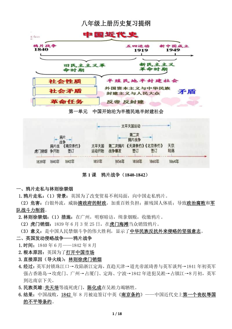 （部编版）人教版八上历史新教材复习提纲完整版(2018.1).docx_第1页