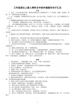 小学语文部编版三年级上册人物作文中的外貌描写句子汇总（直接打印每生一张熟读）.docx