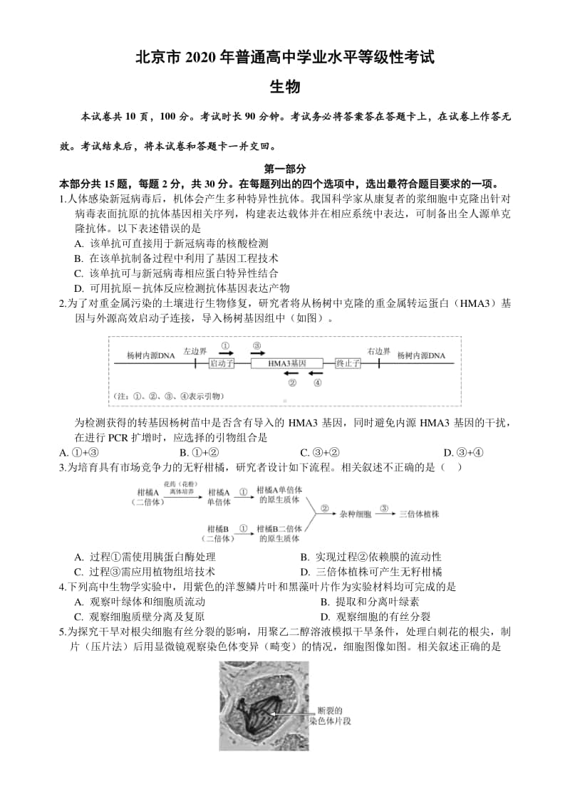 北京市2020年普通高中学业水平等级性考试生物试题+Word版含答案.docx_第1页