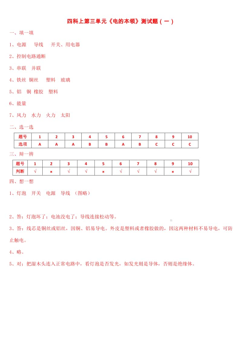 2020新青岛版（五四制）四年级上册科学第3单元《电的本领》测试题(一)(含答案）.docx_第2页