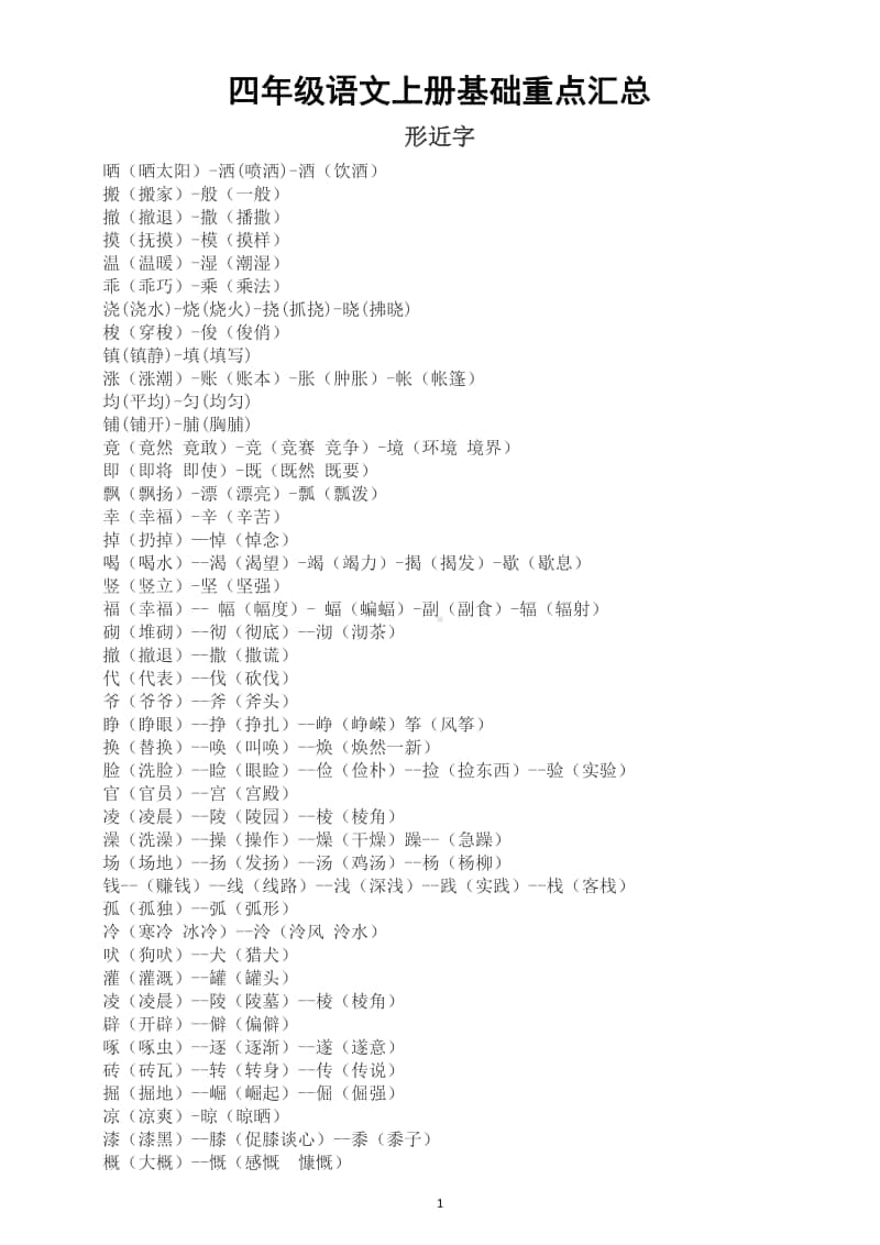 小学语文部编版四年级上册基础重点汇总（形近字同音字近义词反义词）（直接打印每生一张熟记）.docx_第1页