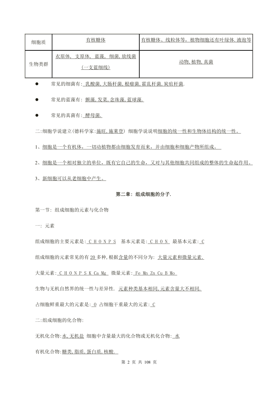 人教版（2019）高一生物必修1 分子与细胞 期末复习核心知识点提纲（含1-6章共6个单元测试卷及答案全套）.doc_第2页