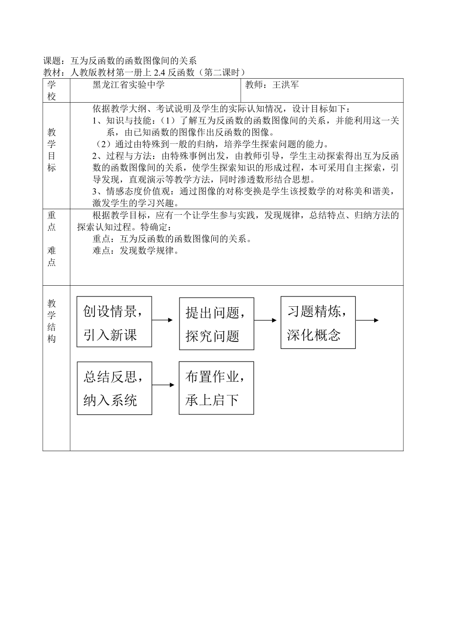 （高中数学优秀教学设计word版）黑龙江-互为反函数的函数图象间的关系（王洪军）.doc_第1页