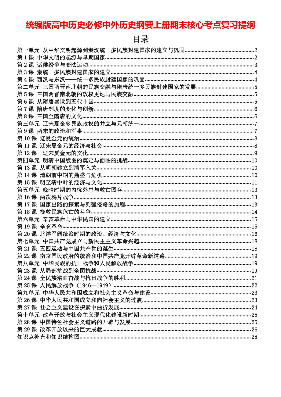 统编版高中历史必修中外历史纲要上册期末核心考点复习提纲（含期末试卷及答案2套）.doc_第1页