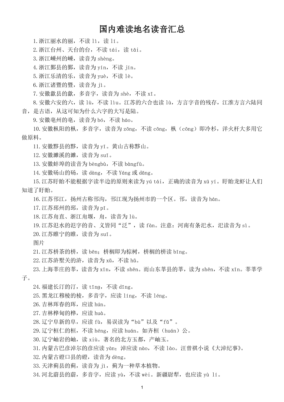 小学语文国内难读地名读音汇总（共100个）.doc_第1页