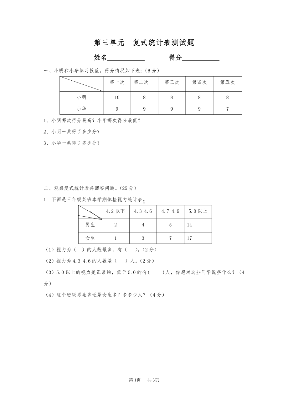 人教版三年级数学下册第三单元《复式统计表》测试题.doc_第1页