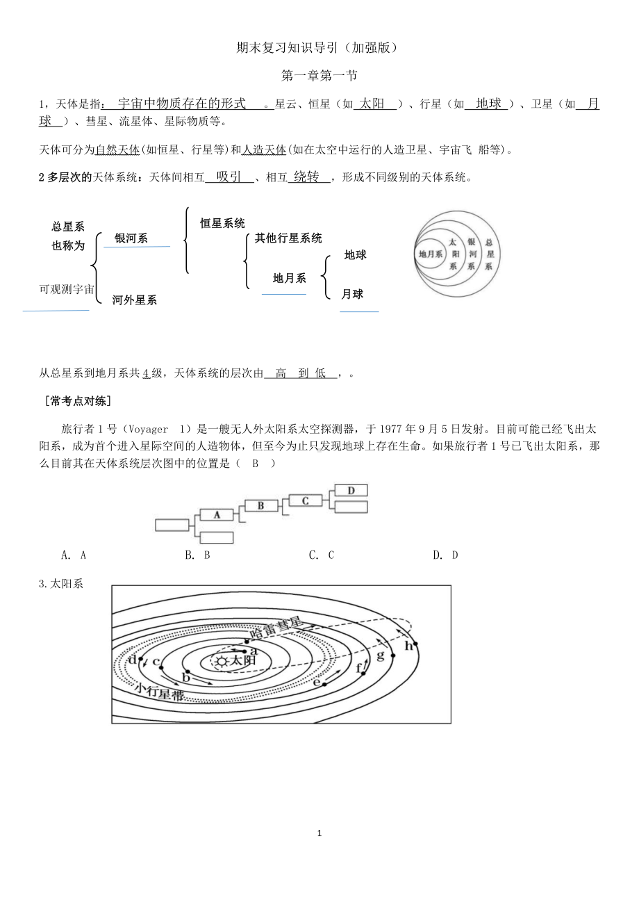 期末复习知识要点—宇宙中的地球-（2019新教材）人教版必修一高中地理.docx_第1页