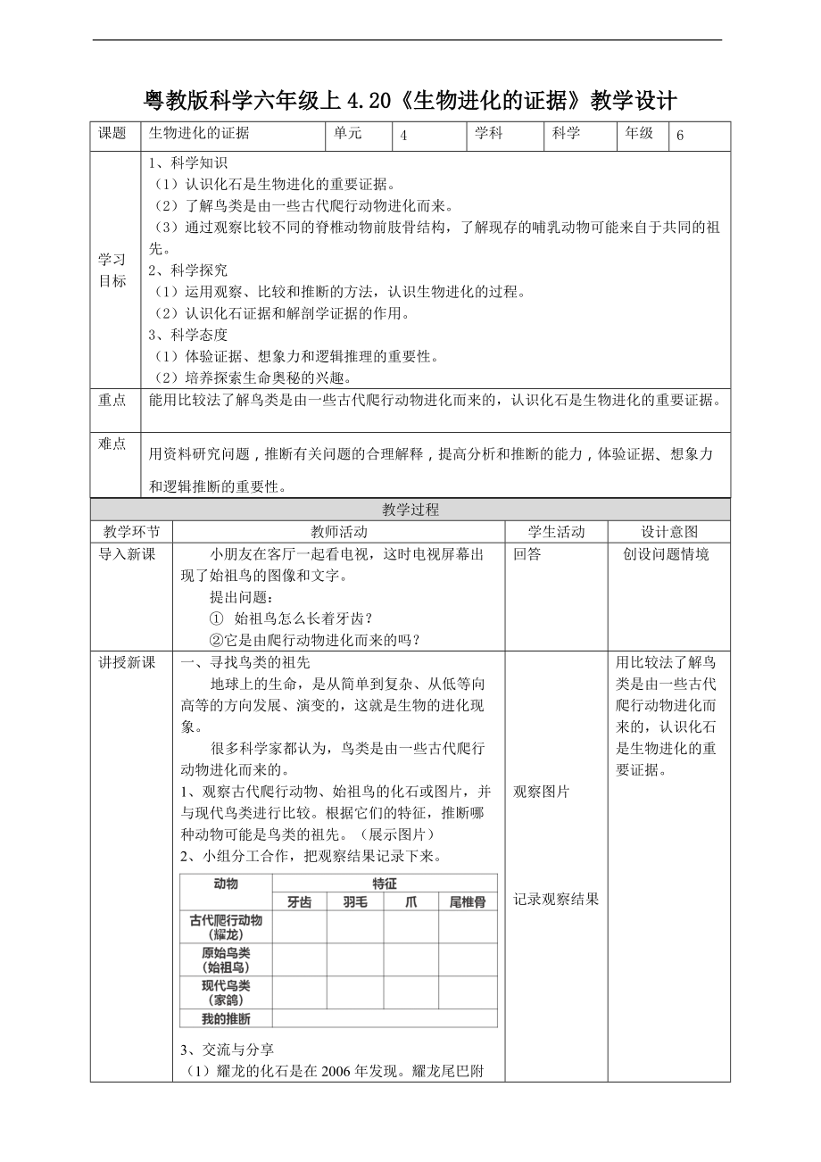 2021新粤教版六年级上册科学4.20《生物进化的证据》ppt课件（含教案+练习+视频）.zip