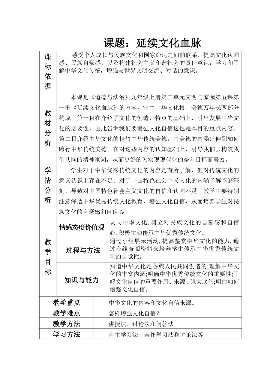 第三单元 文明与家园-第五课 守望精神家园-延续文化血脉-教案、教学设计-市级公开课-部编版九年级上册道德与法治(配套课件编号：b00c2).doc_第1页