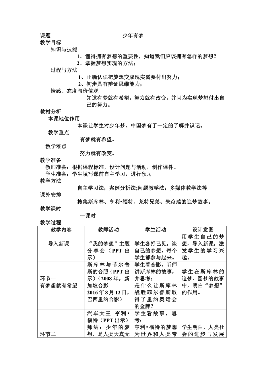 第一单元 成长的节拍-第一课 中学时代-少年有梦-教案、教学设计-市级公开课-部编版七年级上册道德与法治(配套课件编号：b2f29).doc_第1页