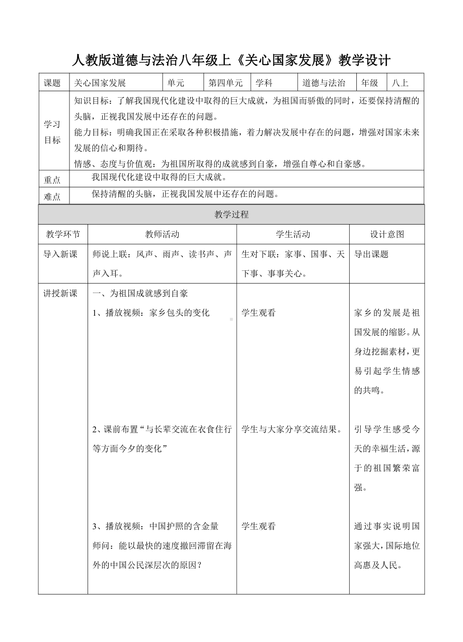 第四单元 维护国家利益-第十课 建设美好祖国-关心国家发展-教案、教学设计-省级公开课-部编版八年级上册道德与法治(配套课件编号：e0e79).doc_第1页