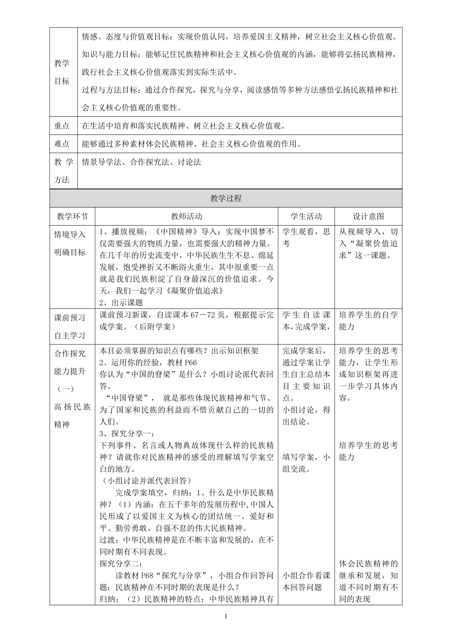 第三单元 文明与家园-第五课 守望精神家园-凝聚价值追求-教案、教学设计-市级公开课-部编版九年级上册道德与法治(配套课件编号：40f07).doc_第1页