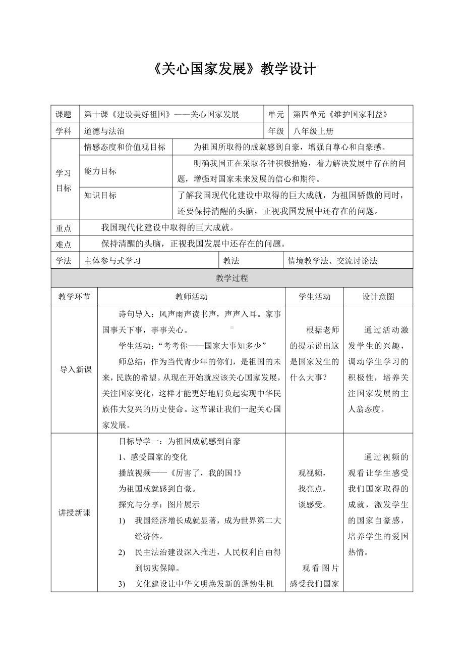 第四单元 维护国家利益-第十课 建设美好祖国-关心国家发展-教案、教学设计-市级公开课-部编版八年级上册道德与法治(配套课件编号：20233).docx_第1页