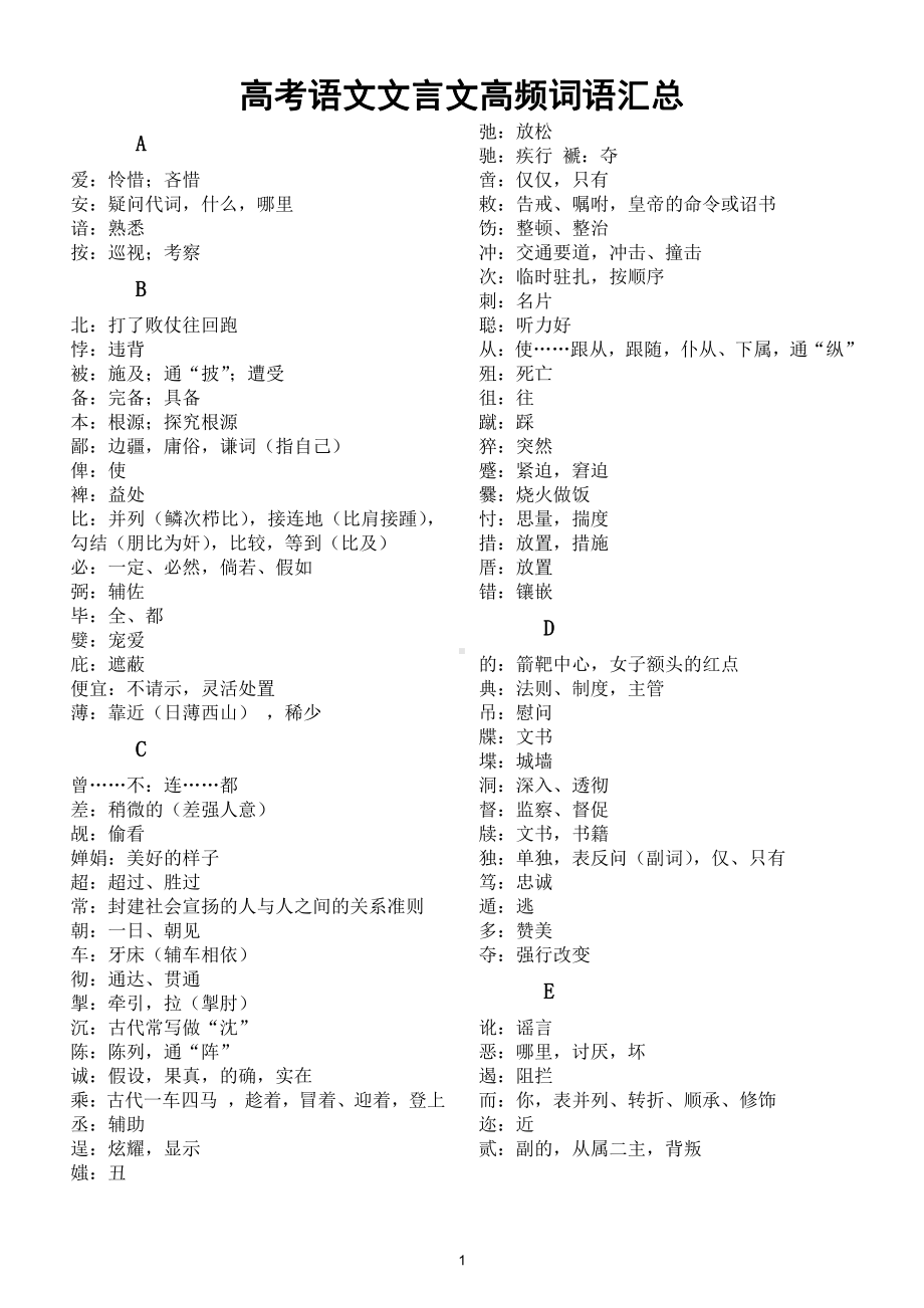 高中语文高考文言文高频词语汇总.doc_第1页