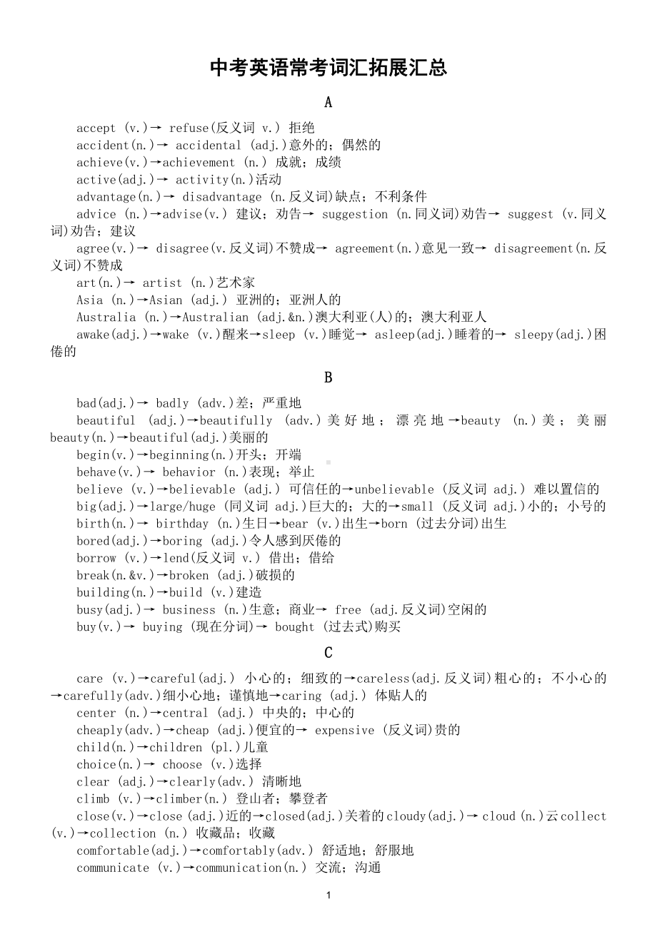 初中英语中考常考词汇拓展汇总（直接打印每生一份熟记）.doc_第1页