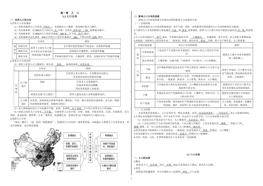 （2019版）人教版高中地理必修第二册第一章人口 知识点总结.doc_第1页